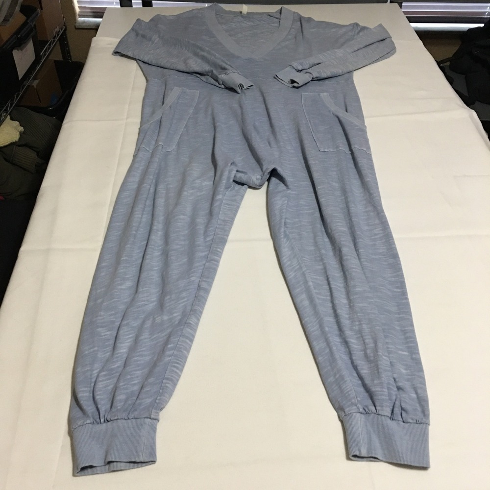 Free People Jumpsuit Womens Small Blue V-Neck Long Sleeve Slub Knit Pockets